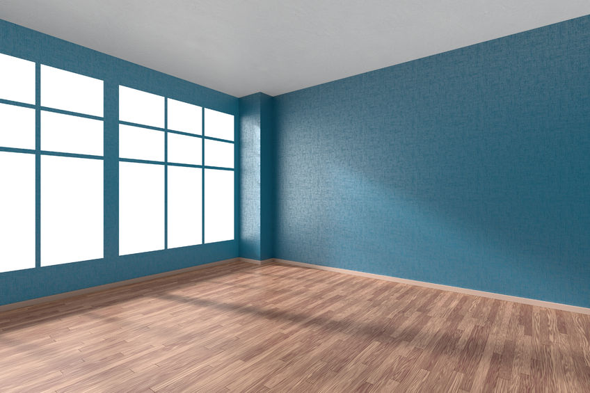 53585139 - empty room with hardwood parquet floor, big window, walls with blue textured wallpaper and sunlight from window, perspective view, 3d illustration